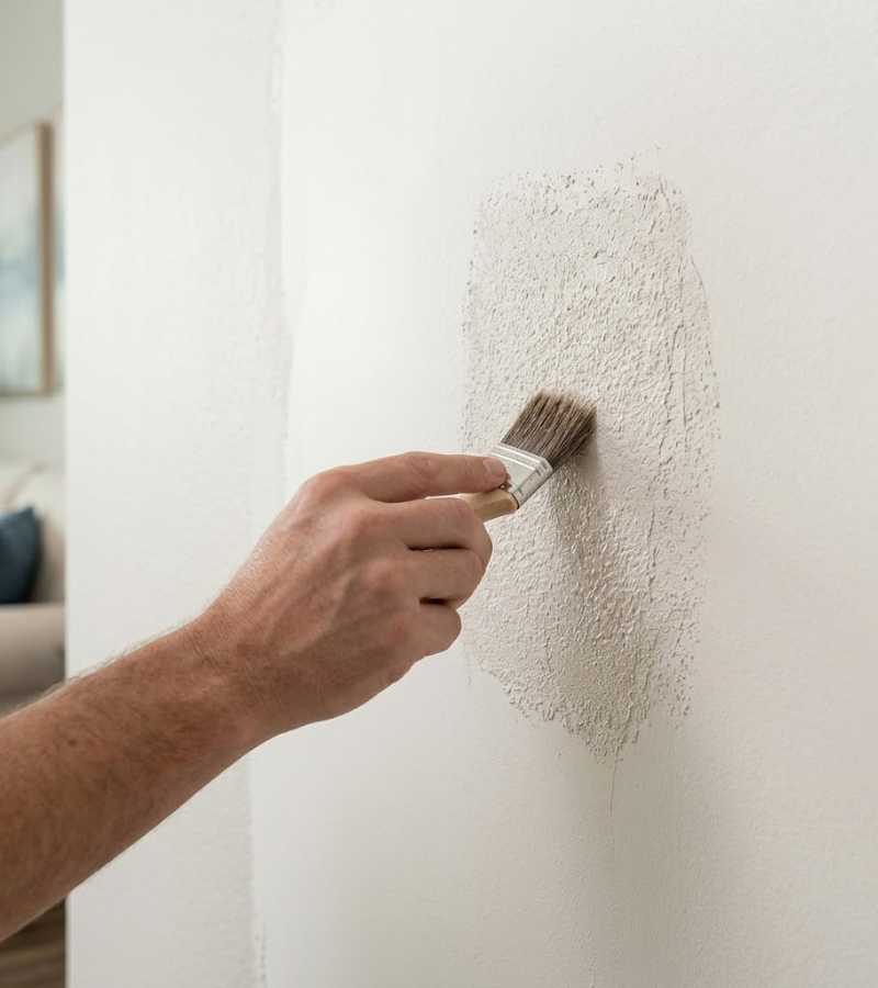 A hand using a brush to smooth over repaired drywall