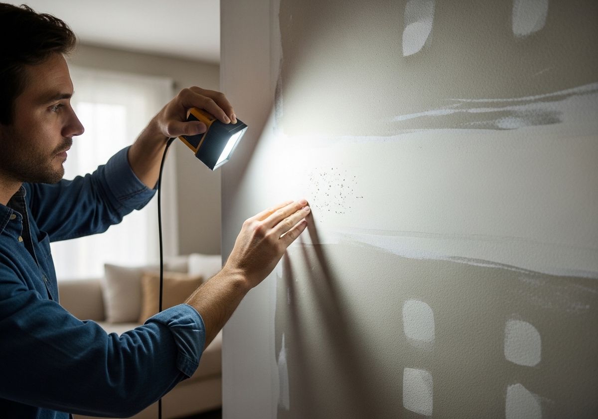 Man Inspecting Wall Imperfections with Work Light
