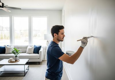 A man wearing a blue t-shirt and protective gloves is painting an interior wall white with a brush. He is holding a can of white paint in his other hand. The background shows a modern, bright living room with a couch and large windows, suggesting a home renovation or improvement project. Man Painting Interior Wall White