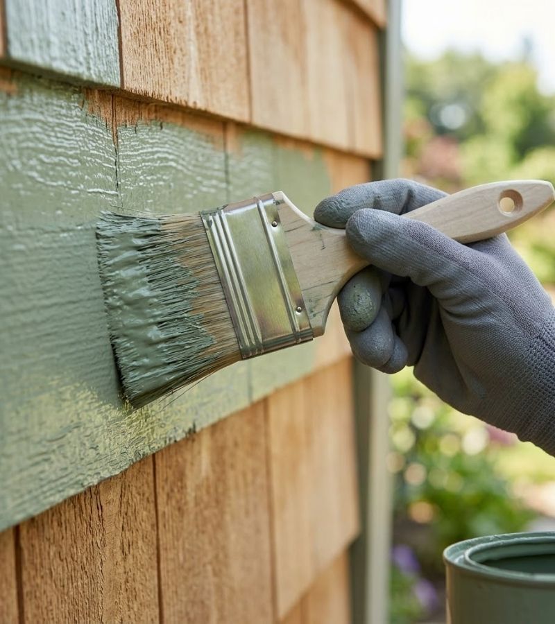 A close up of a painting brush as a hand paints the exterior of a home green
