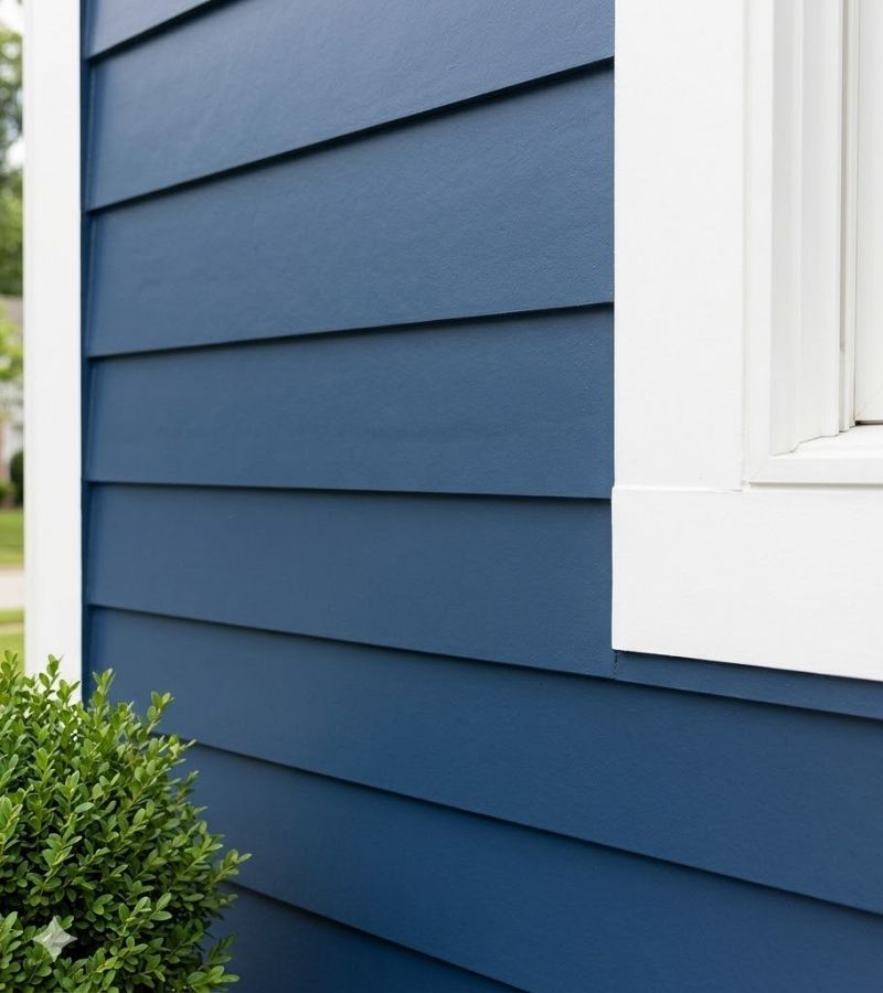 A freshly painted exterior of a home, with a muted dark blue color on the siding