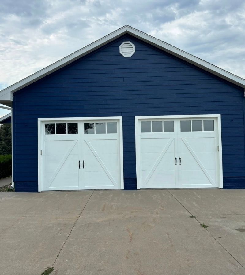A garage painted a rich blue