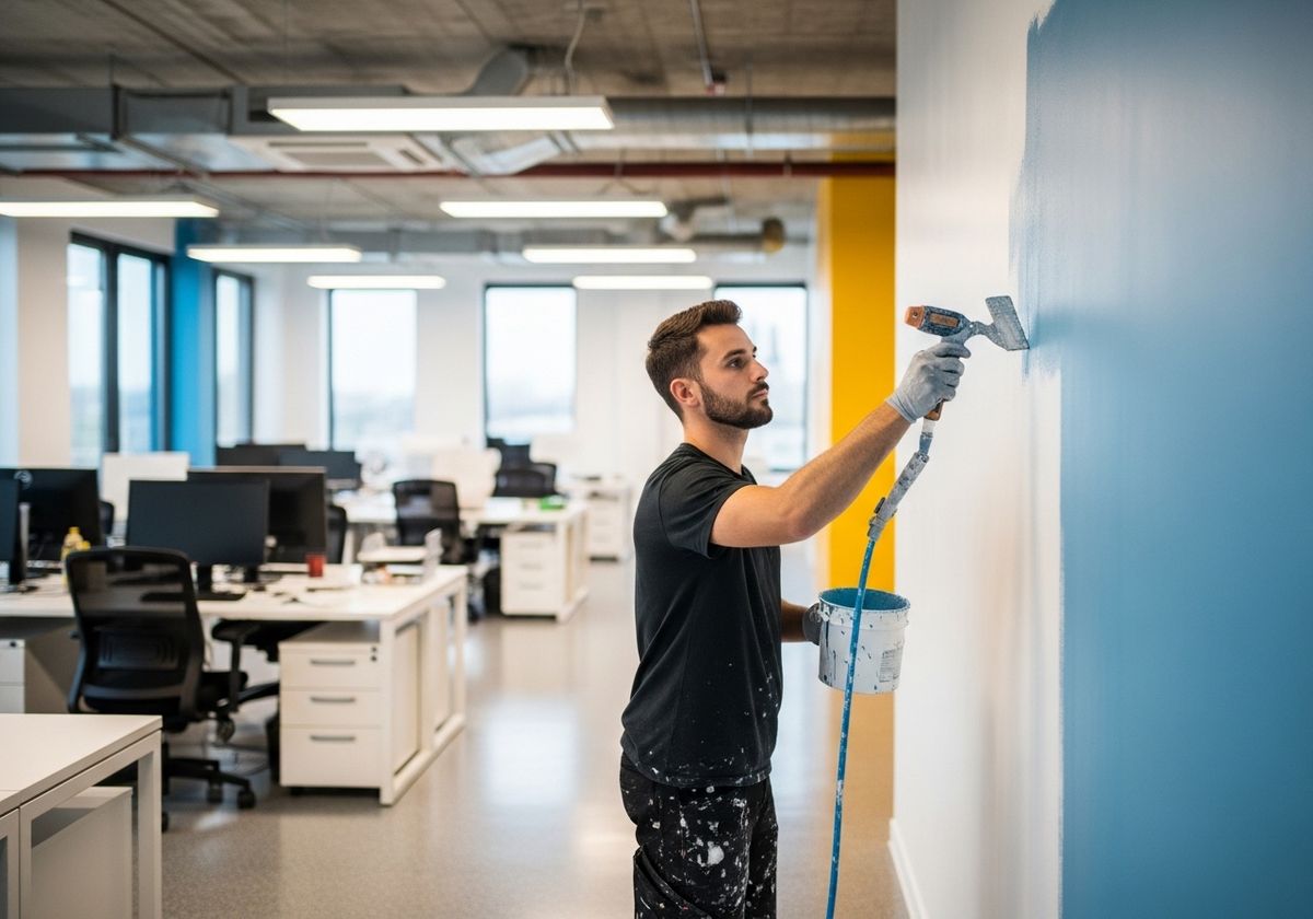 Man painting office wall blue with paint sprayer