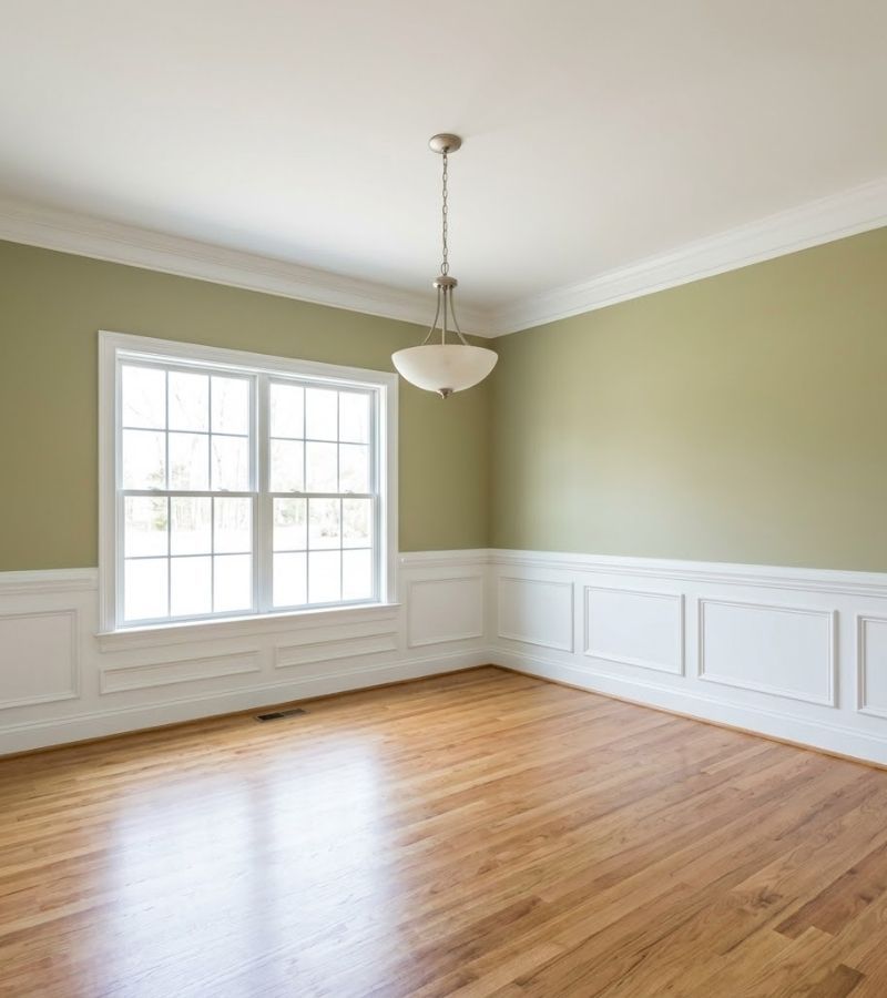 A living room in a home with freshly painted green walls and white wainscotting