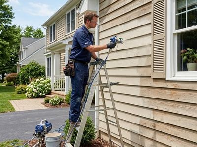 A painter spraying paint on the siding of the home