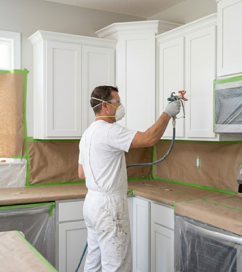 A single professional painter, wearing protective gear, uses a fine-finish spray gun to apply a flawless white satin finish to custom kitchen cabinet doors in a modern home. Surrounding surfaces like countertops and appliances are meticulously masked with 