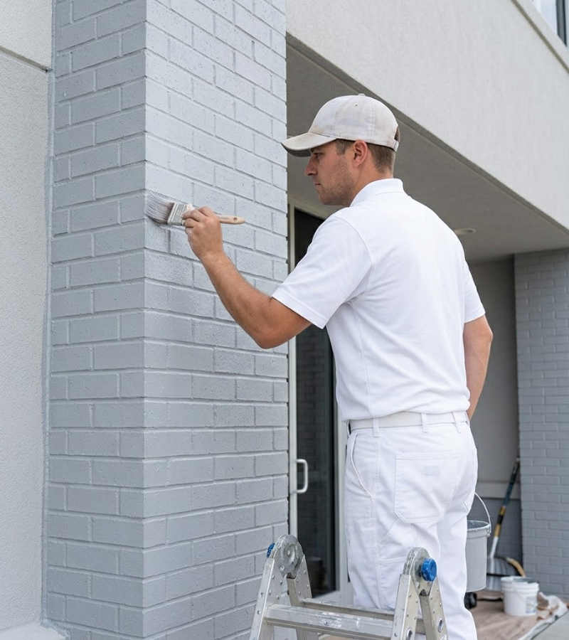 A close-up square photograph of a professional painter on a ladder carefully applying gray paint to the exterior trim of a commercial building.