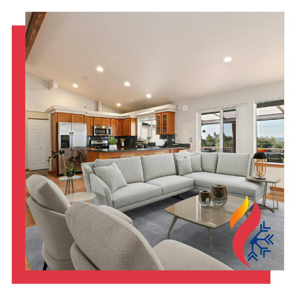 A nice open living room with an expansive deck outside the windows
