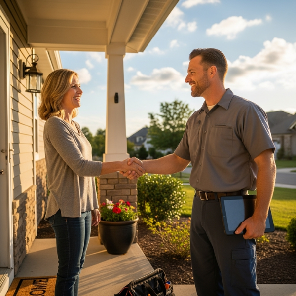 an hvac professional shaking hands with a happy customer