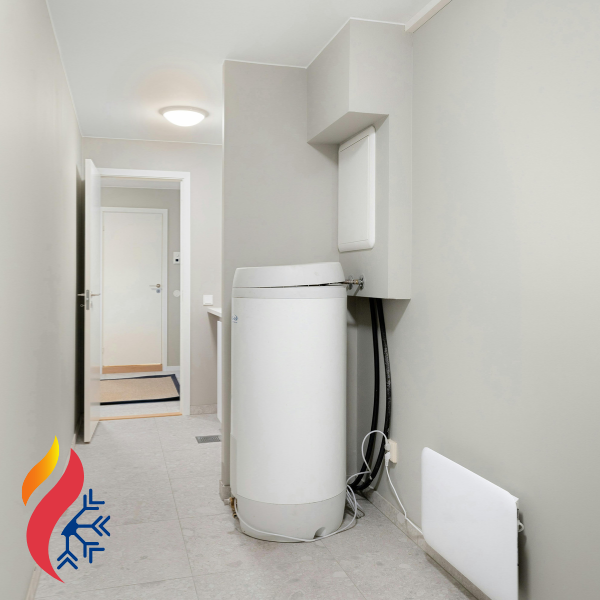 An electric water heater sitting in a hallway