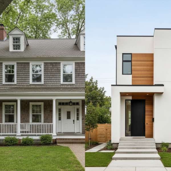 a split image of a historic and a modern home in Quincy