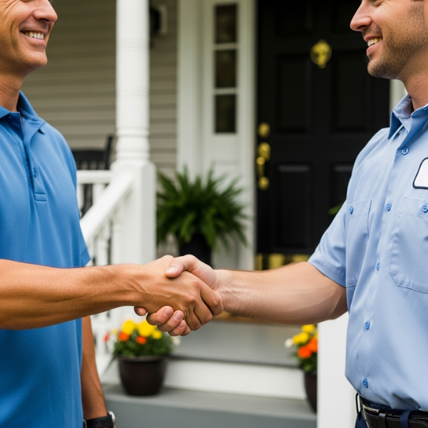 a friendly handshake between a homeowner and a technician