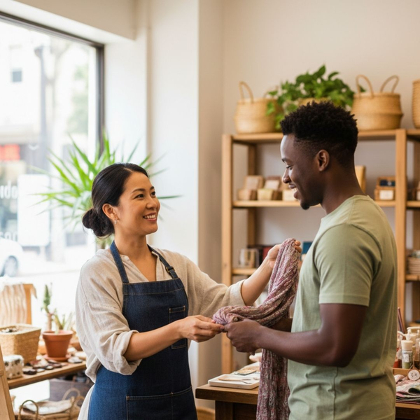 A friendly business owner engages in a positive conversation with a customer in a boutique.