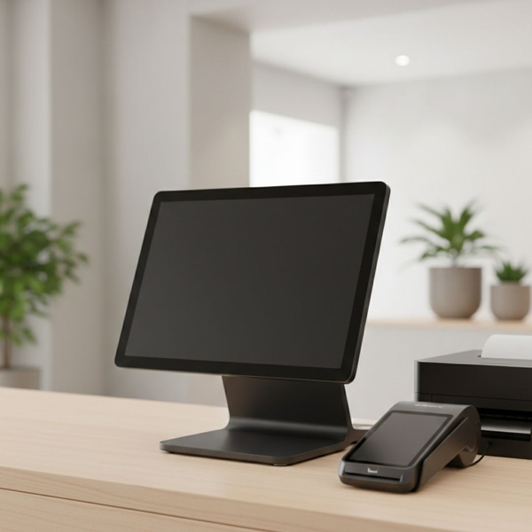A modern point of sale system sits ready for customers on a clean retail counter.