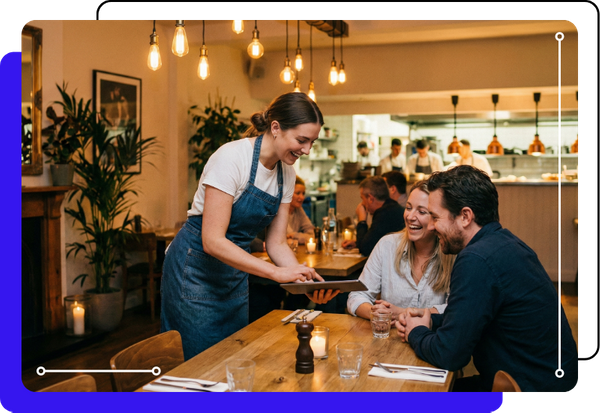 a restaurant setting with staff using a POS tablet at a table