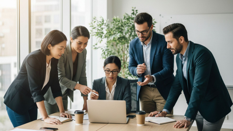 A diverse group of business partners works together in a bright, modern office space. A diverse group of business partners works together in a bright, modern office space.