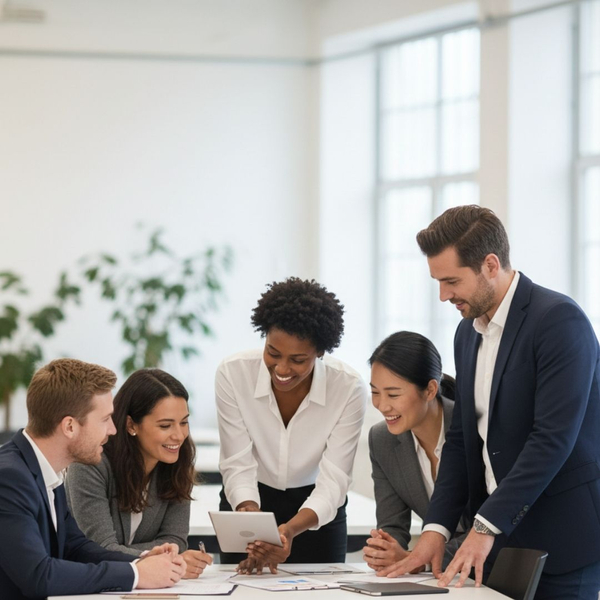 A diverse team of professional employees works together in a bright and organized workspace.