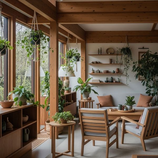 Interior with natural wood elements and lush green plants Interior with natural wood elements and lush green plants