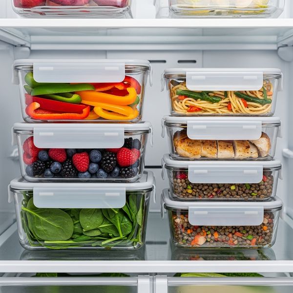 Inside of an organized refrigerator showing fresh vegetables and leftovers stored in glass reusable food containers
