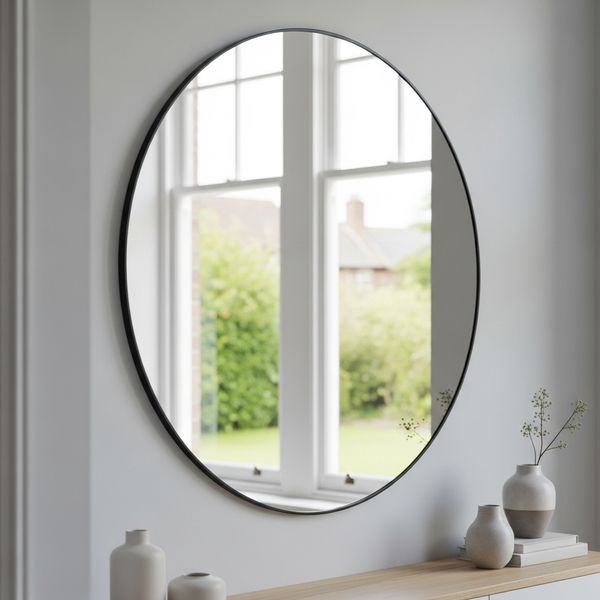 Circular wall mirror reflecting a window to create an illusion of depth in a room