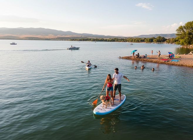 Couple Paddleboarding with Dog on Lake