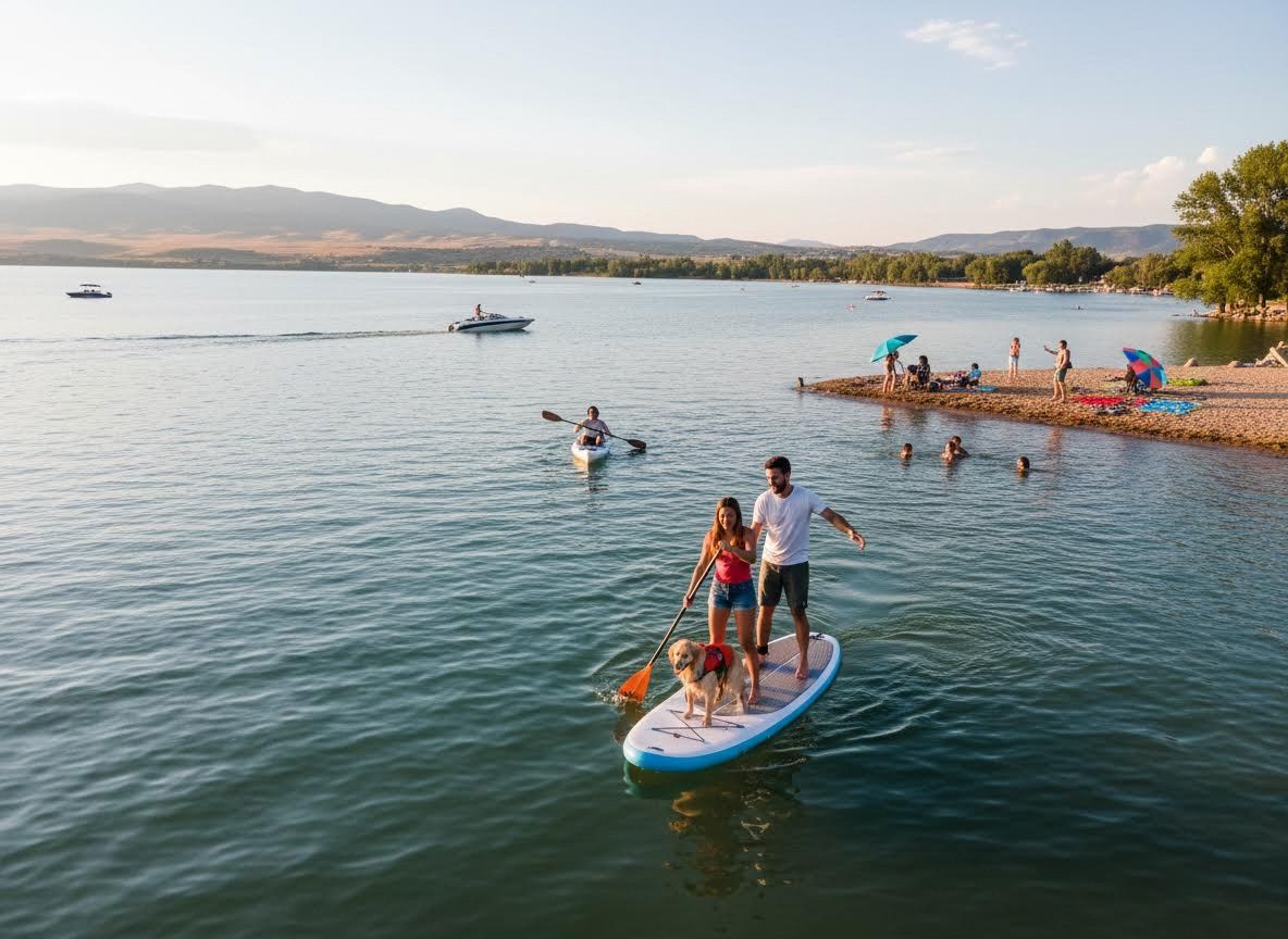 Couple Paddleboarding with Dog on Lake