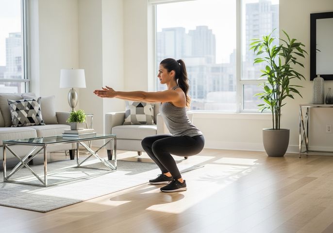 A woman performing a squat in a modern living room