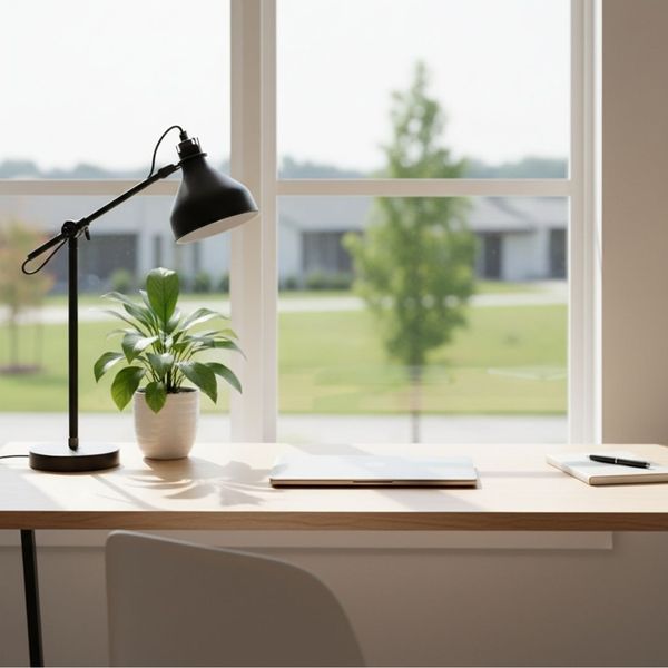 Home office desk positioned by a large window to maximize natural light