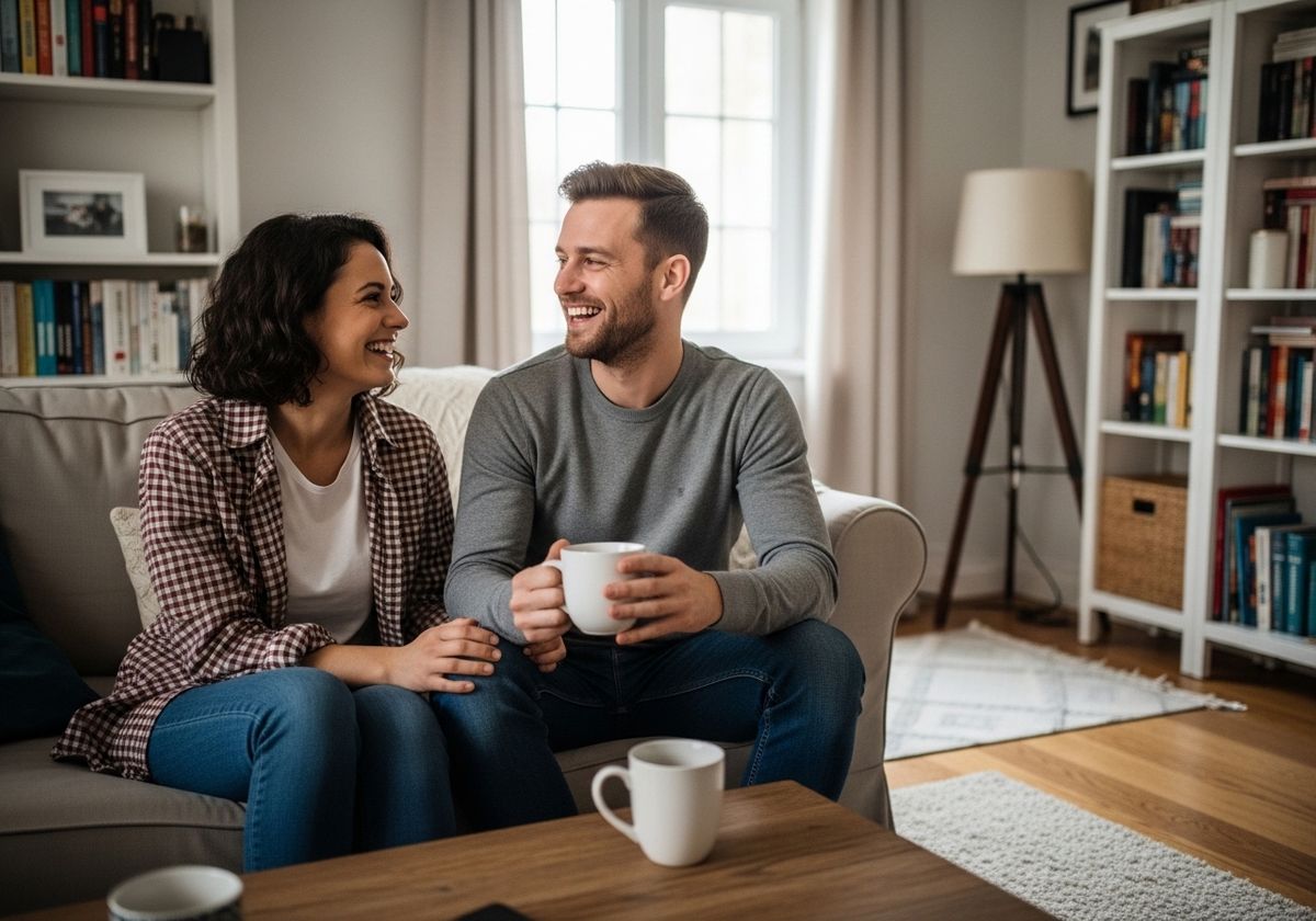 couple talking and laughing in their home