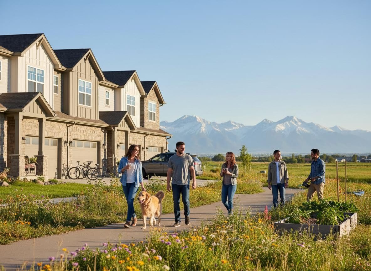 People walking with a dog in a community with mountain views