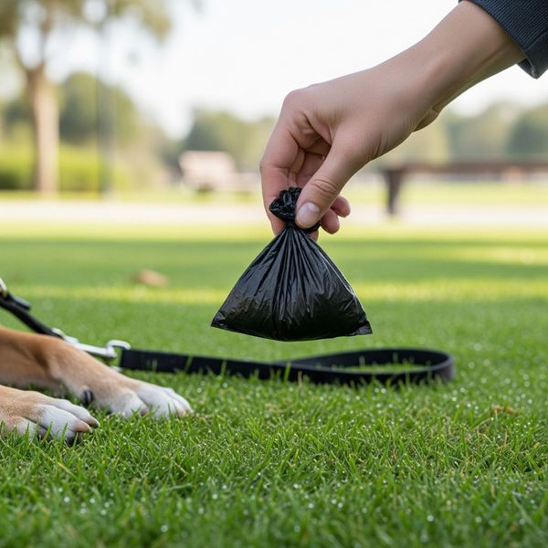 A hand holding a dog waste bag on a green lawn, indicating responsible pet cleanup. A hand holding a dog waste bag on a green lawn, indicating responsible pet cleanup.