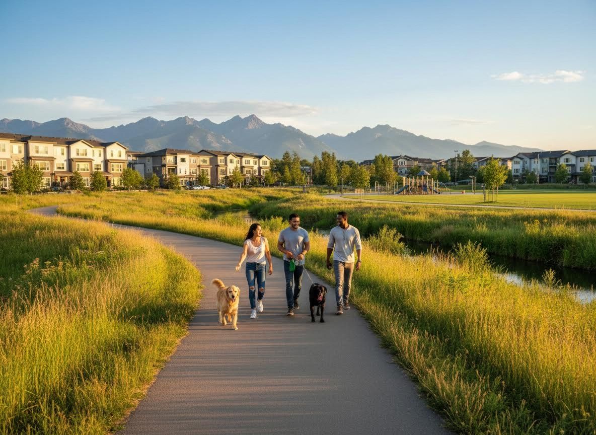 Diverse group walking dogs on a scenic park path with mountains and homes