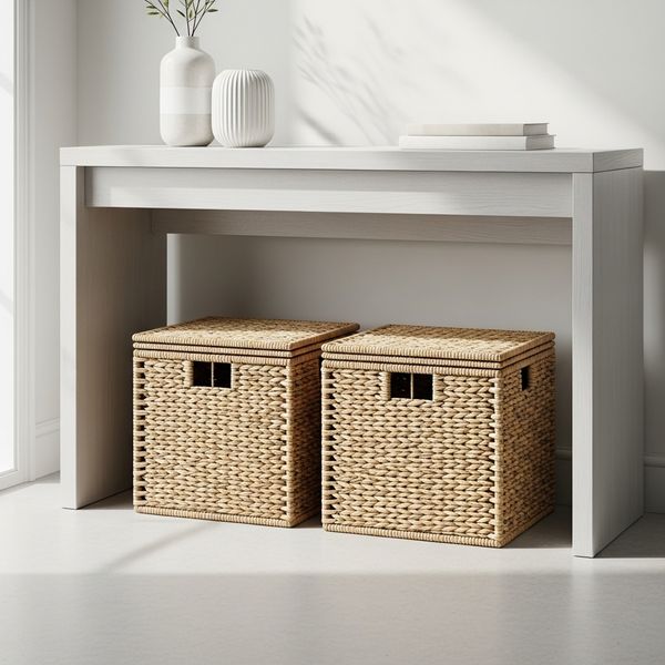 Two woven storage baskets used for hidden organization beneath a clean console table