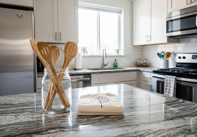 clean, modern townhome kitchen with granite countertops featuring a reusable glass jar, bamboo utensils, and a reusable tote bag for low-waste living