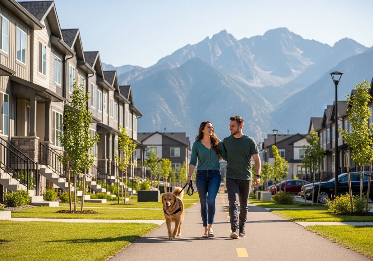 Couple walking dog in suburban neighborhood