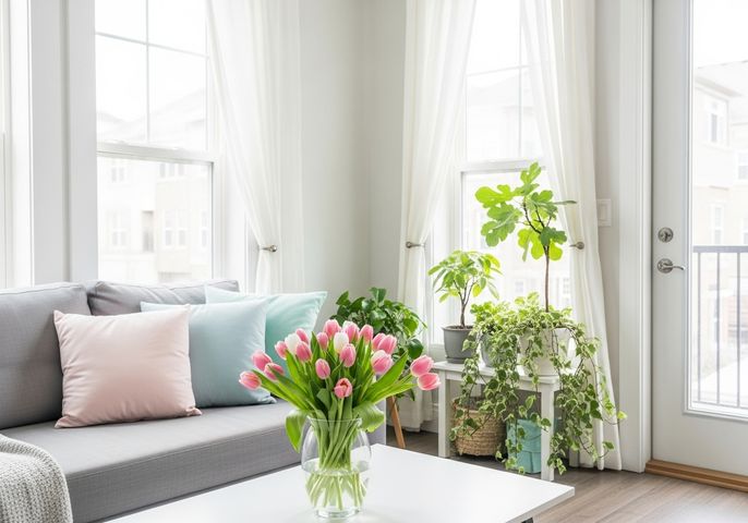 Living Room Interior with Tulips and Plants
