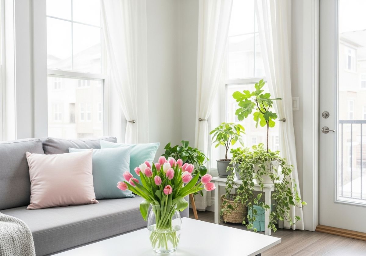 Living Room Interior with Tulips and Plants