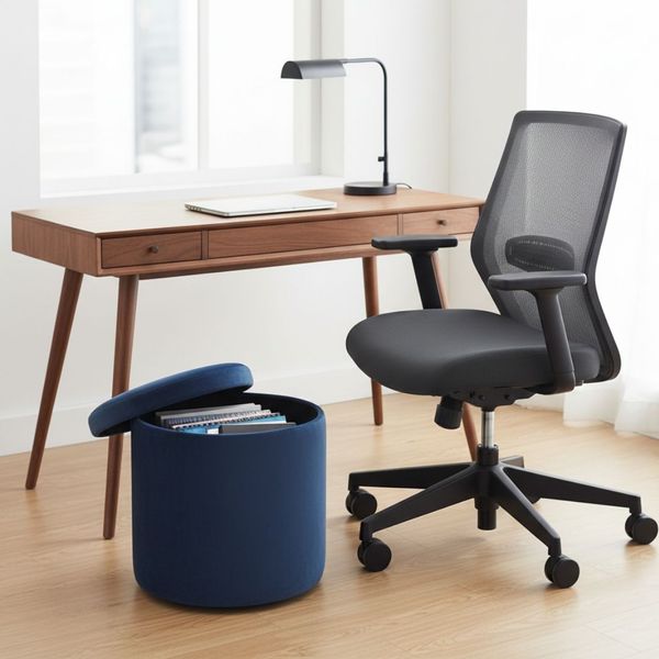 Modern ergonomic computer chair, sleek wooden desk, and a blue storage ottoman Modern ergonomic computer chair, sleek wooden desk, and a blue storage ottoman