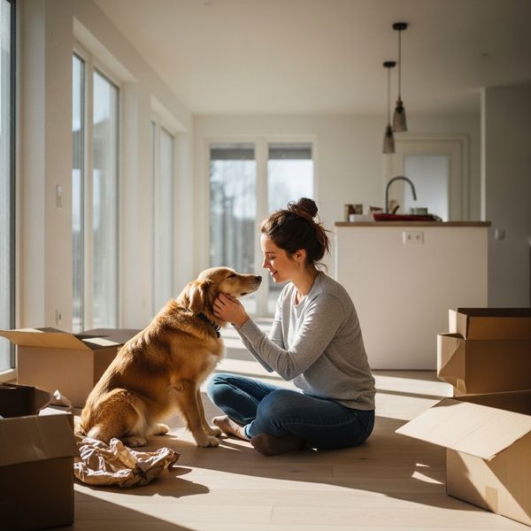 Owner comforting their dog inside a new home