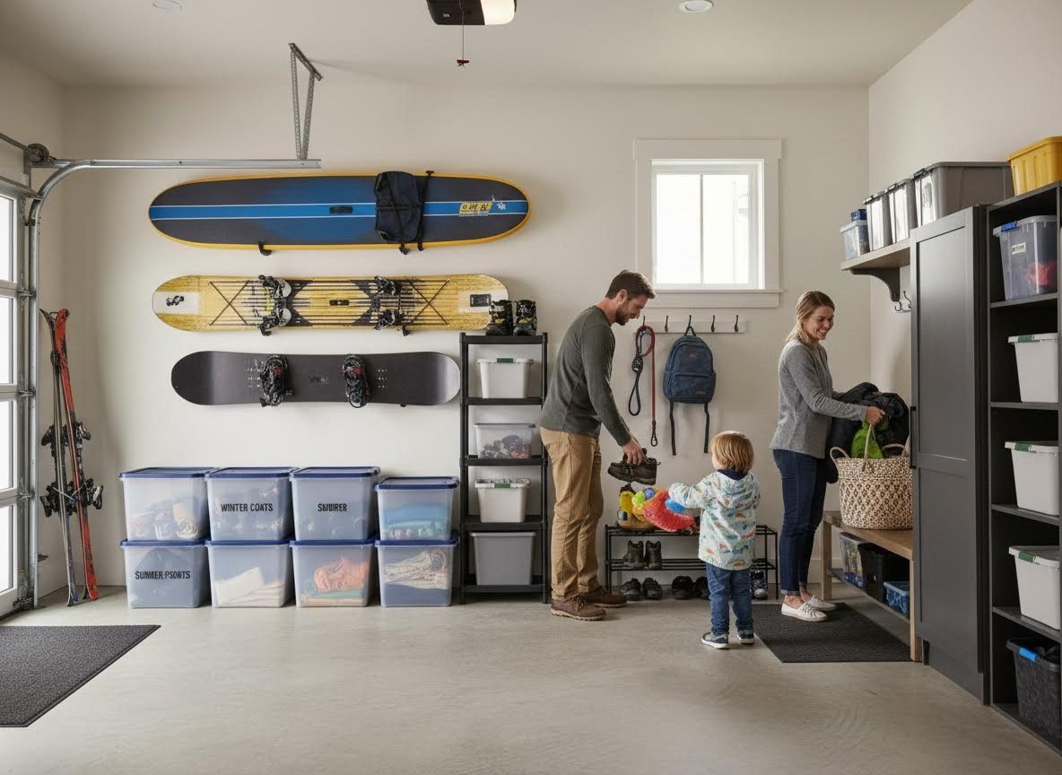 Family organizing a garage with various storage solutions and sports equipment