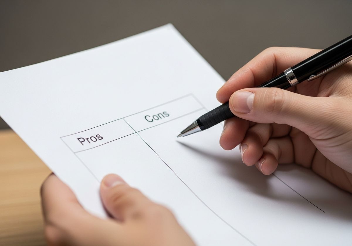 closeup of a person holding a pen and a paper that says pros and cons