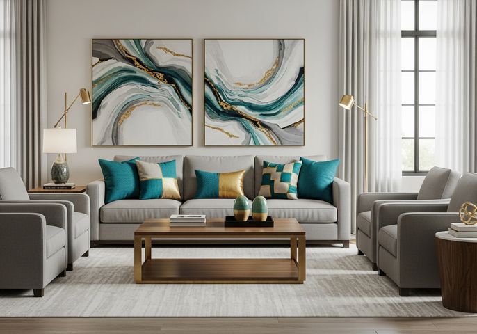 A modern living room with neutral furniture accented by vibrant teal and gold decorative pillows and abstract art.