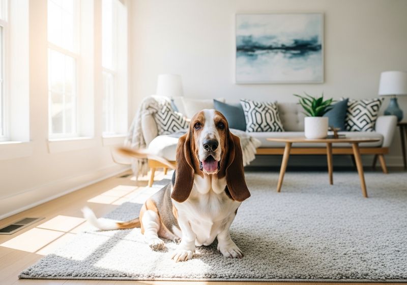 A happy bassett hound sitting in a bright, modern townhome living room A happy bassett hound sitting in a bright, modern townhome living room