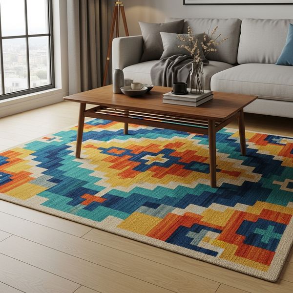 A brightly colored, patterned area rug strategically placed under a coffee table in a modern apartment.