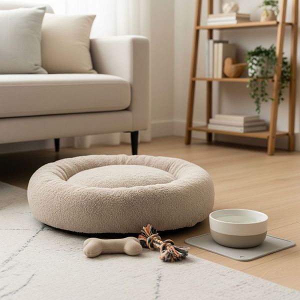 A comfortable pet bed with toys and a water bowl in a modern townhome living room. A comfortable pet bed with toys and a water bowl in a modern townhome living room.
