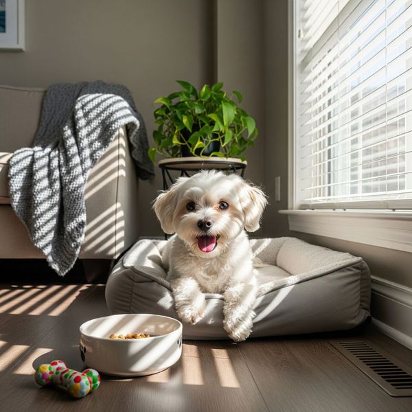A calm dog enjoying its routine inside a modern townhome. A calm dog enjoying its routine inside a modern townhome.
