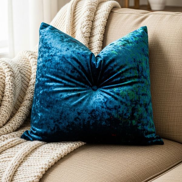 A jewel-toned velvet pillow on a tan couch beside a knit blanket
