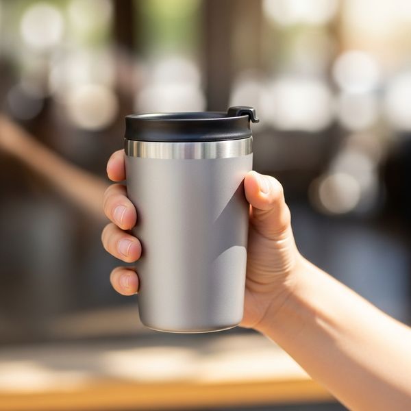 a hand gently holding a sleek, stainless steel reusable travel mug