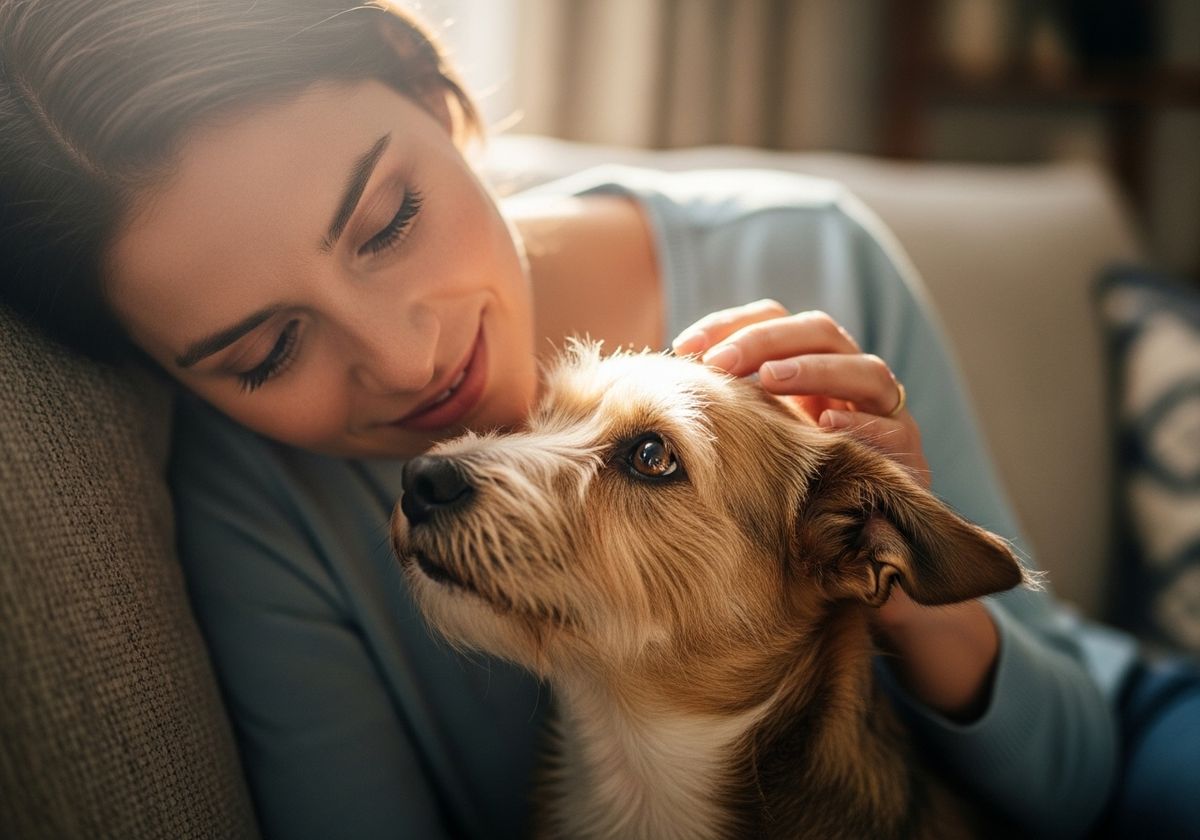 woman petting her small dog