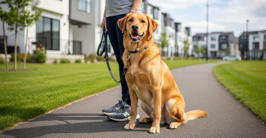 A happy dog on a leash with a person on a paved walking path in a modern townhome community.